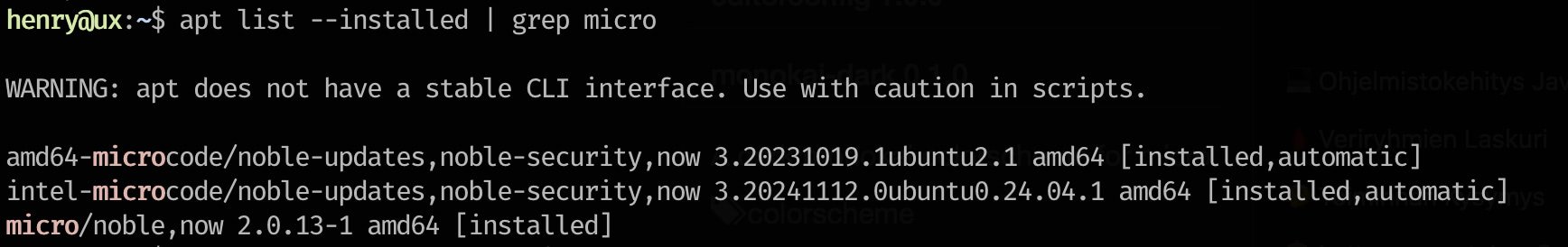 Lista asennetuista micro paketeista